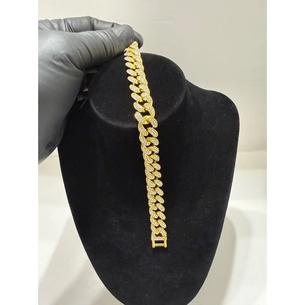 gold cuban bracelet vvscz stones over stainless 8inch 13mm